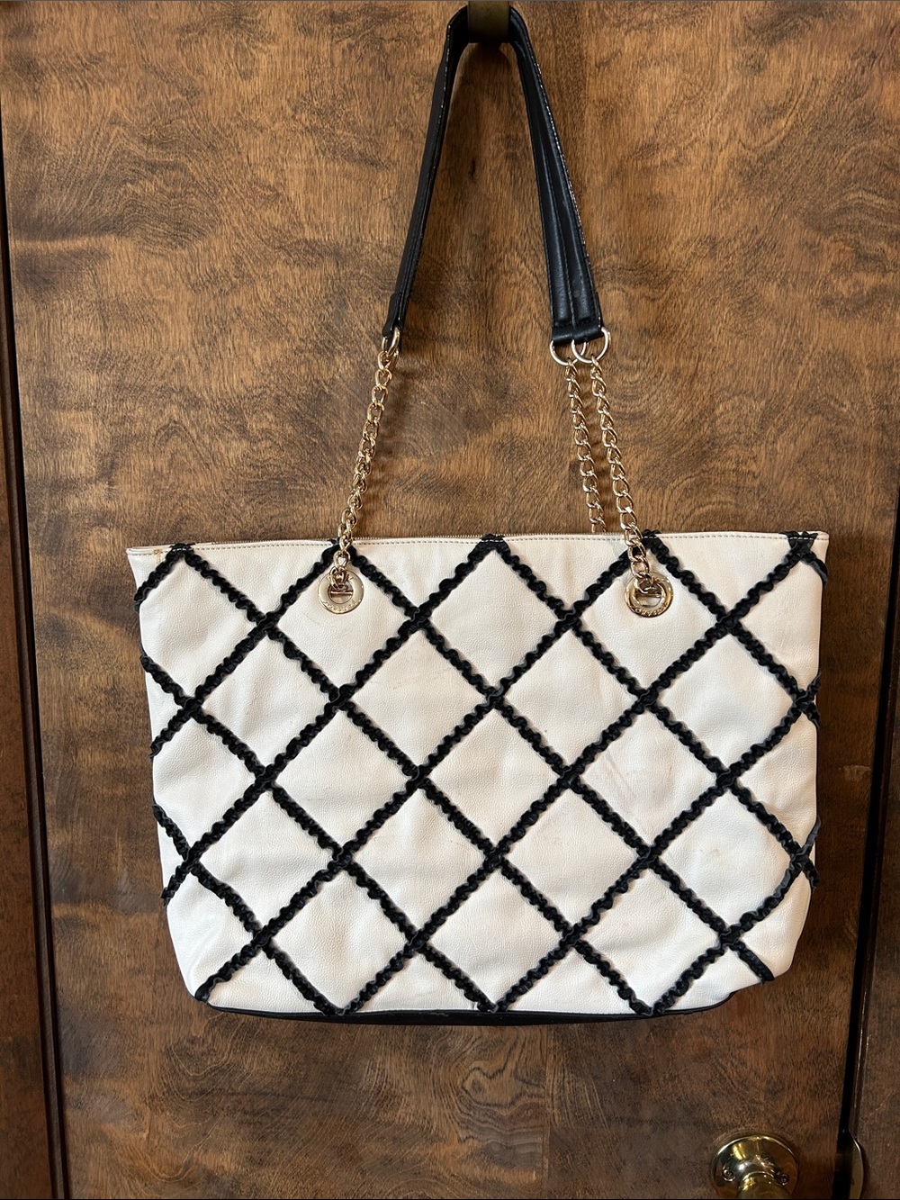 Betsey Johnson Tote White Quilted Tote Bag with Black Lattice Trim